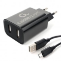 Адаптер питания сетевой Gembird MP3A-PC-35 USB 2 порта, 2.4A, черный + кабель 1м micro